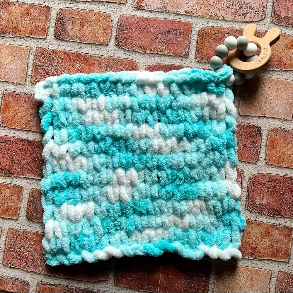 Handmade snuggly soft baby lovey with teether